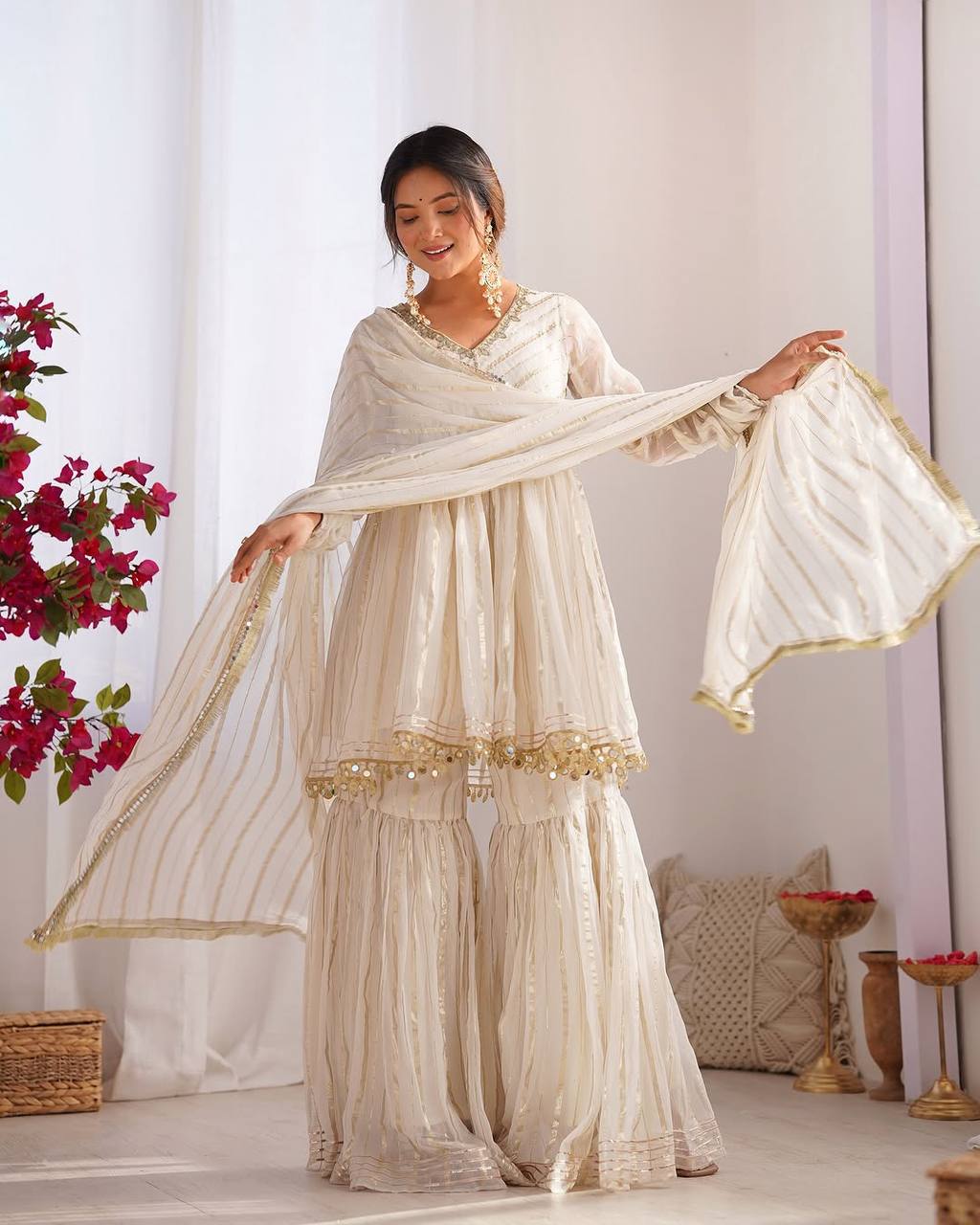 Metallic Stripe Sharara Suit Set with Dupatta