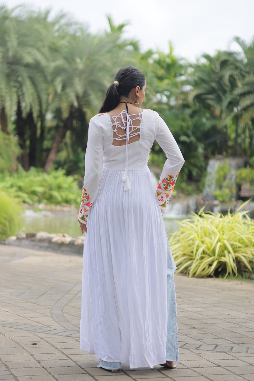 White Embroidered Long Kurta with Dupatta for Women