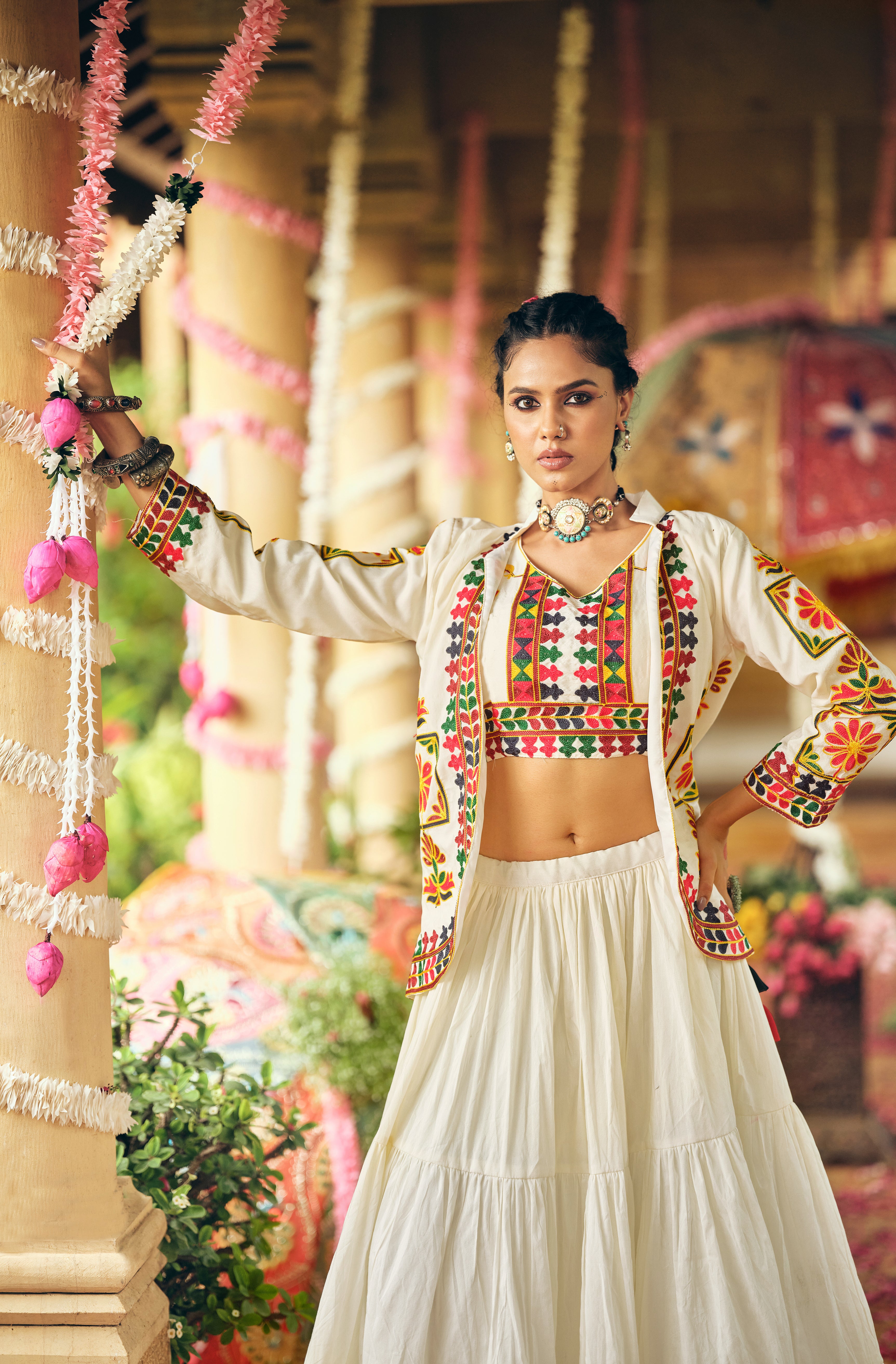 White Lehenga Set with Multicolor Embroidery