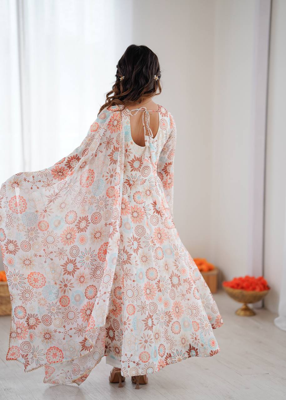 White Floral Anarkali Kurta Set for Women