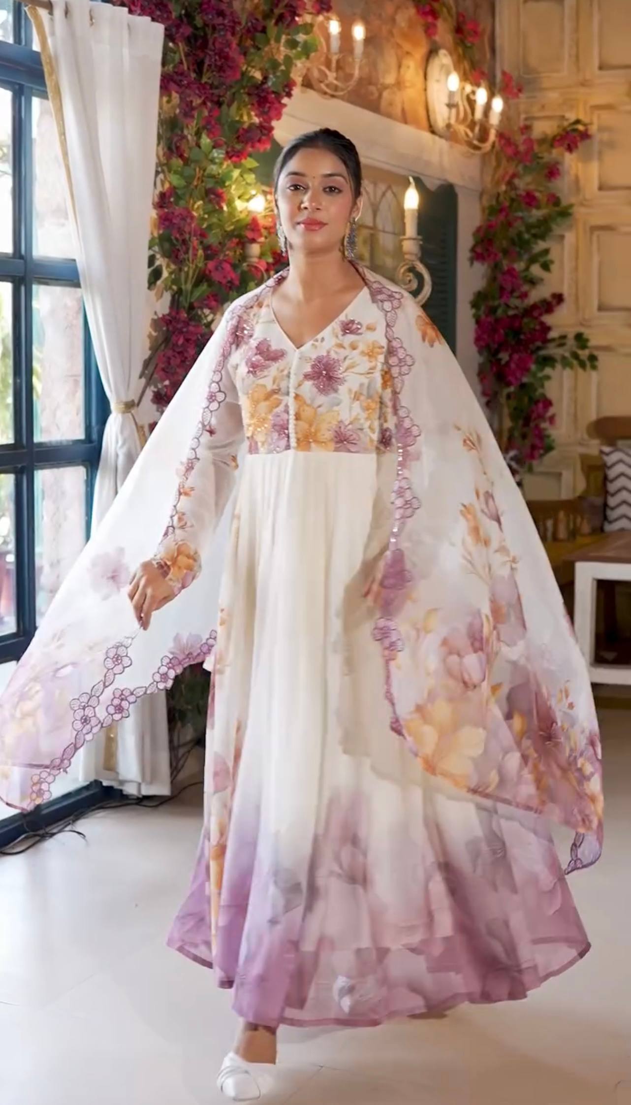 Floral White Anarkali Set with Dupatta for Women