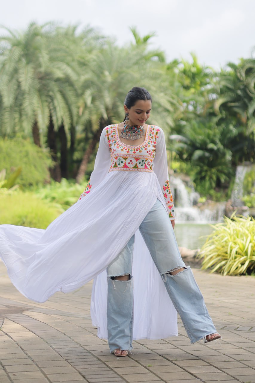 White Embroidered Long Kurta with Dupatta for Women