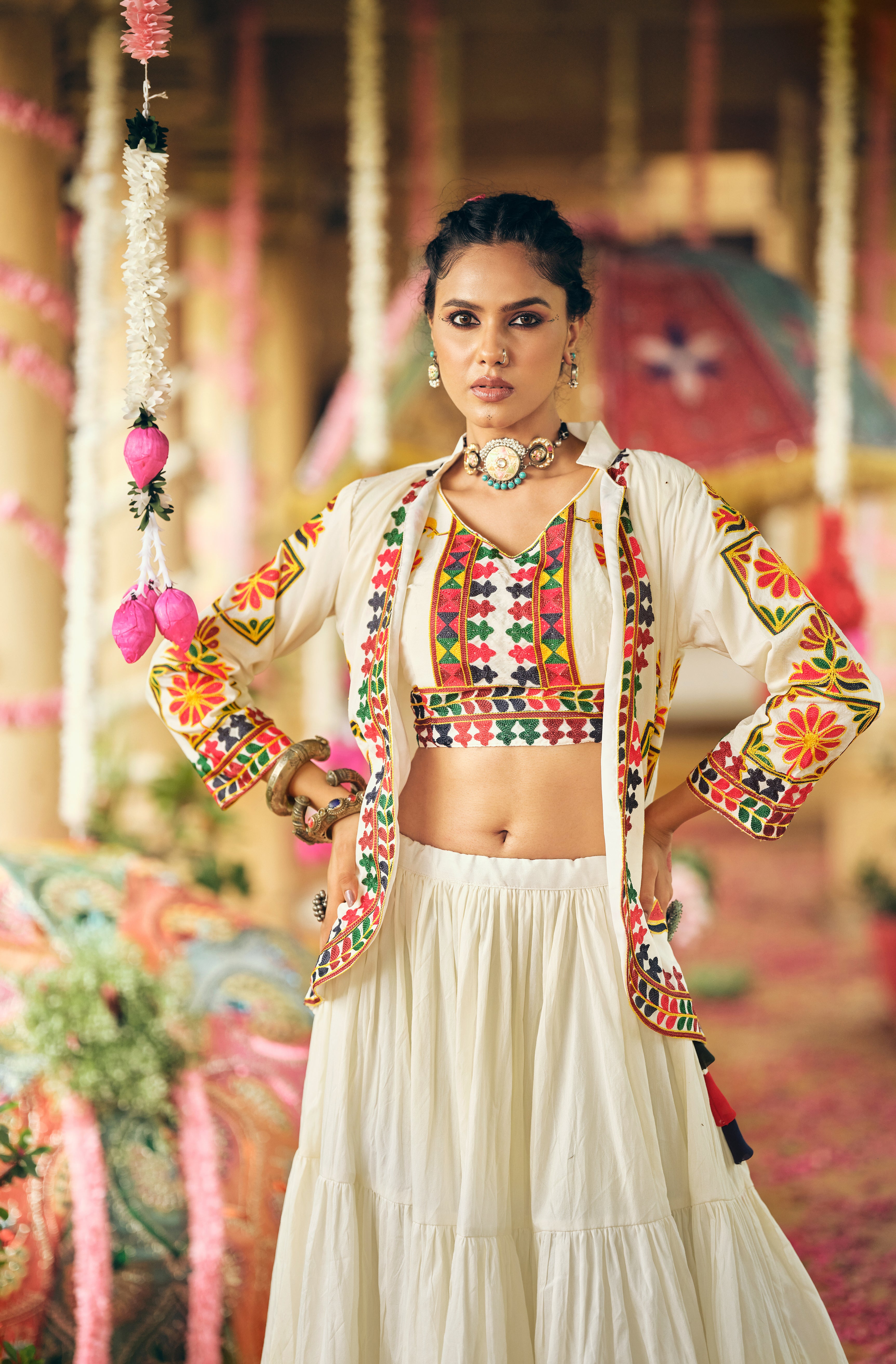 White Lehenga Set with Multicolor Embroidery
