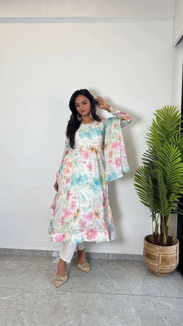 White Floral Printed Kurta Set for Women | Elegant Kurta with Dupatta