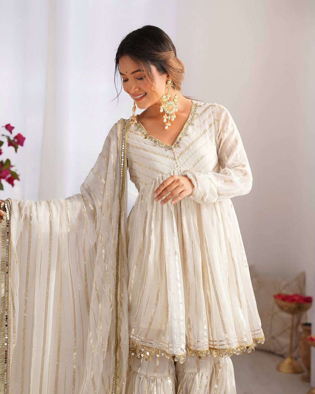 Metallic Stripe Sharara Suit Set with Dupatta