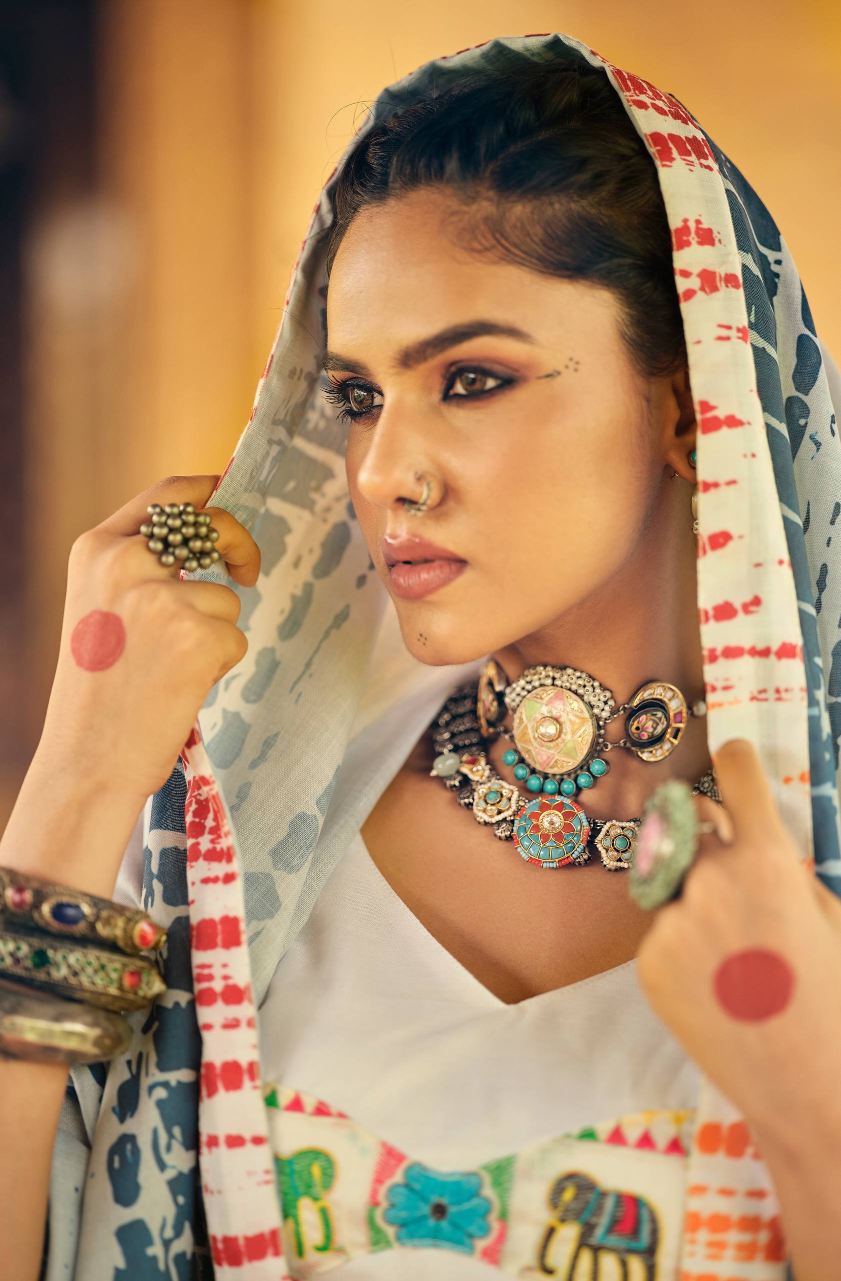 White Lehenga Set with Multicolor Print & Dupatta