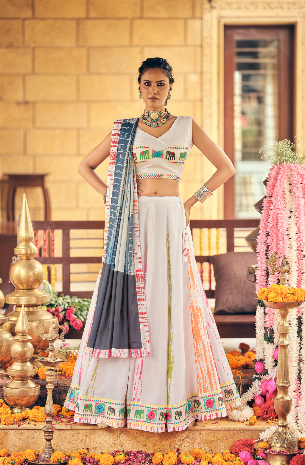 White Lehenga Set with Multicolor Print & Dupatta