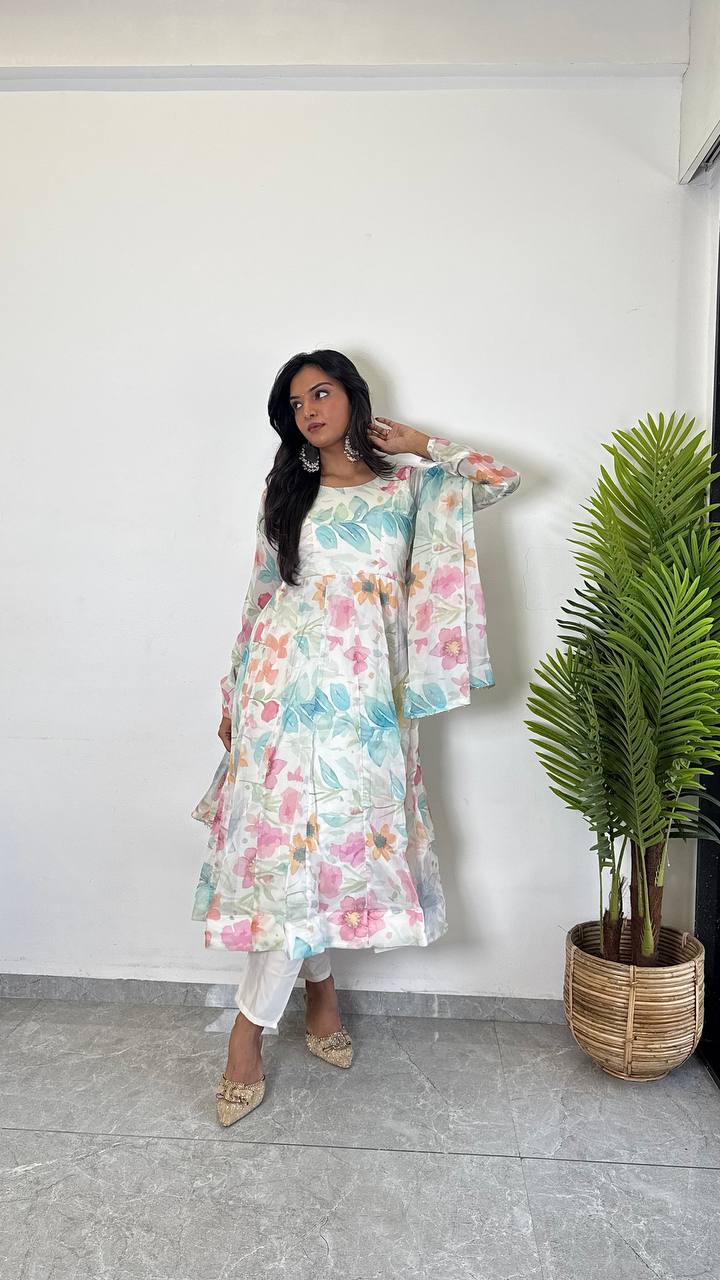 White Floral Printed Kurta Set for Women | Elegant Kurta with Dupatta