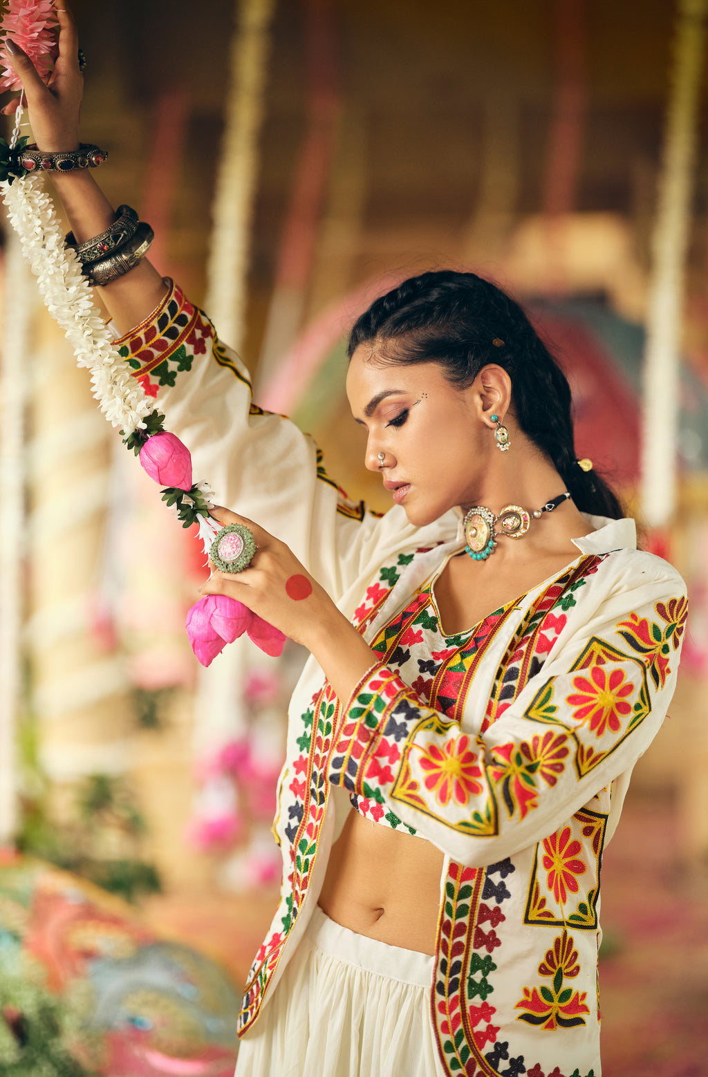 White Lehenga Set with Multicolor Embroidery