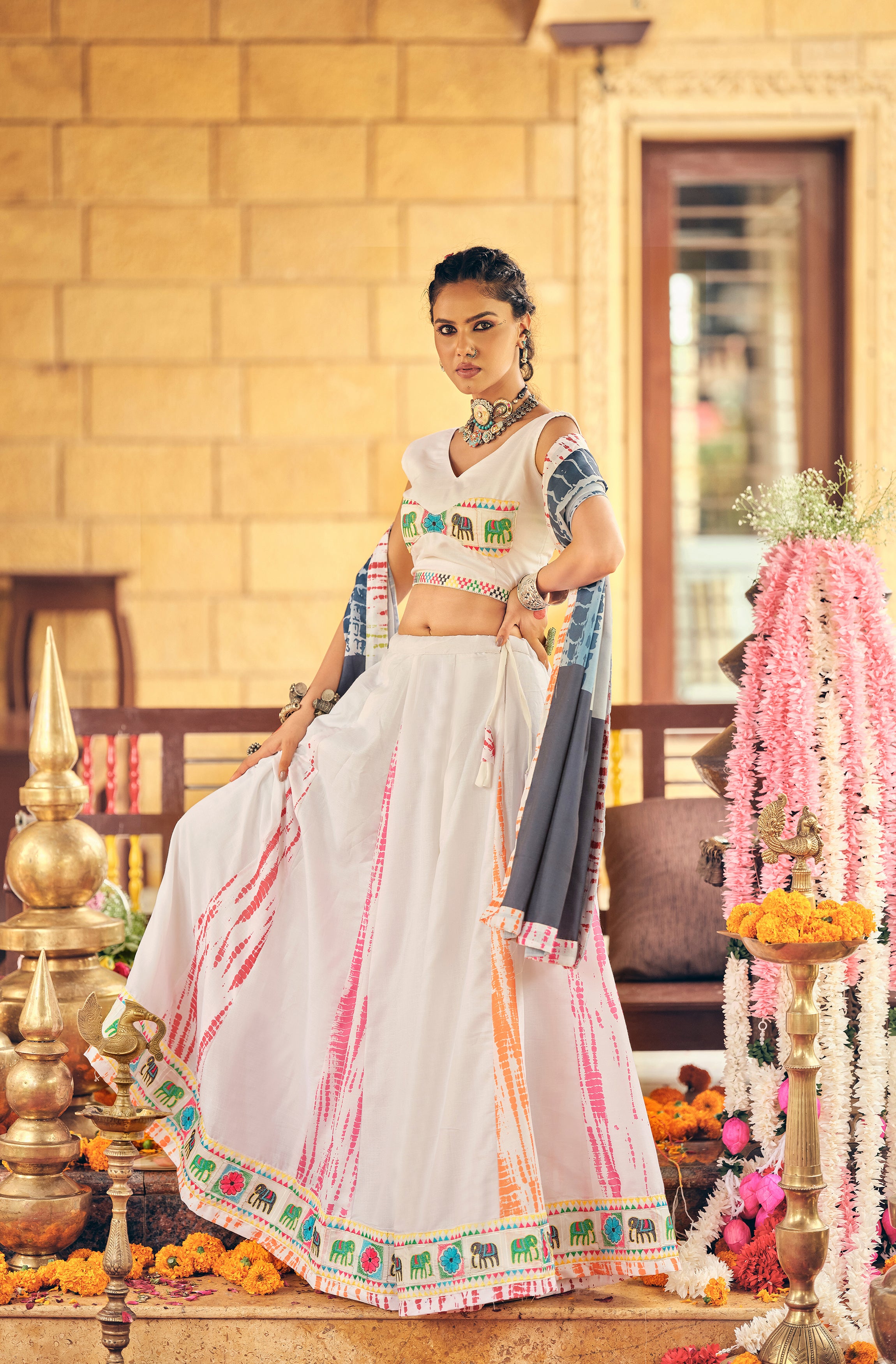 White Lehenga Set with Multicolor Print & Dupatta
