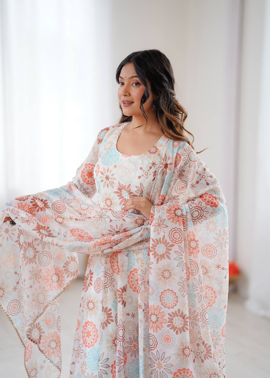 White Floral Anarkali Kurta Set for Women
