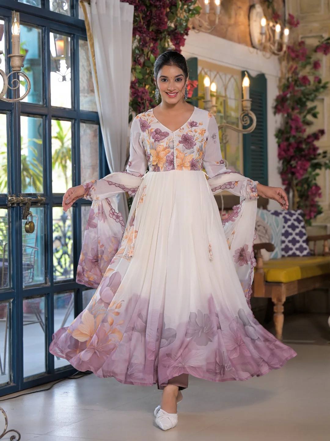 Floral White Anarkali Set with Dupatta for Women