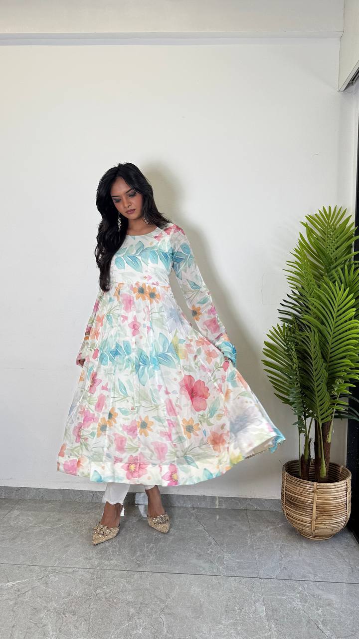White Floral Printed Kurta Set for Women | Elegant Kurta with Dupatta