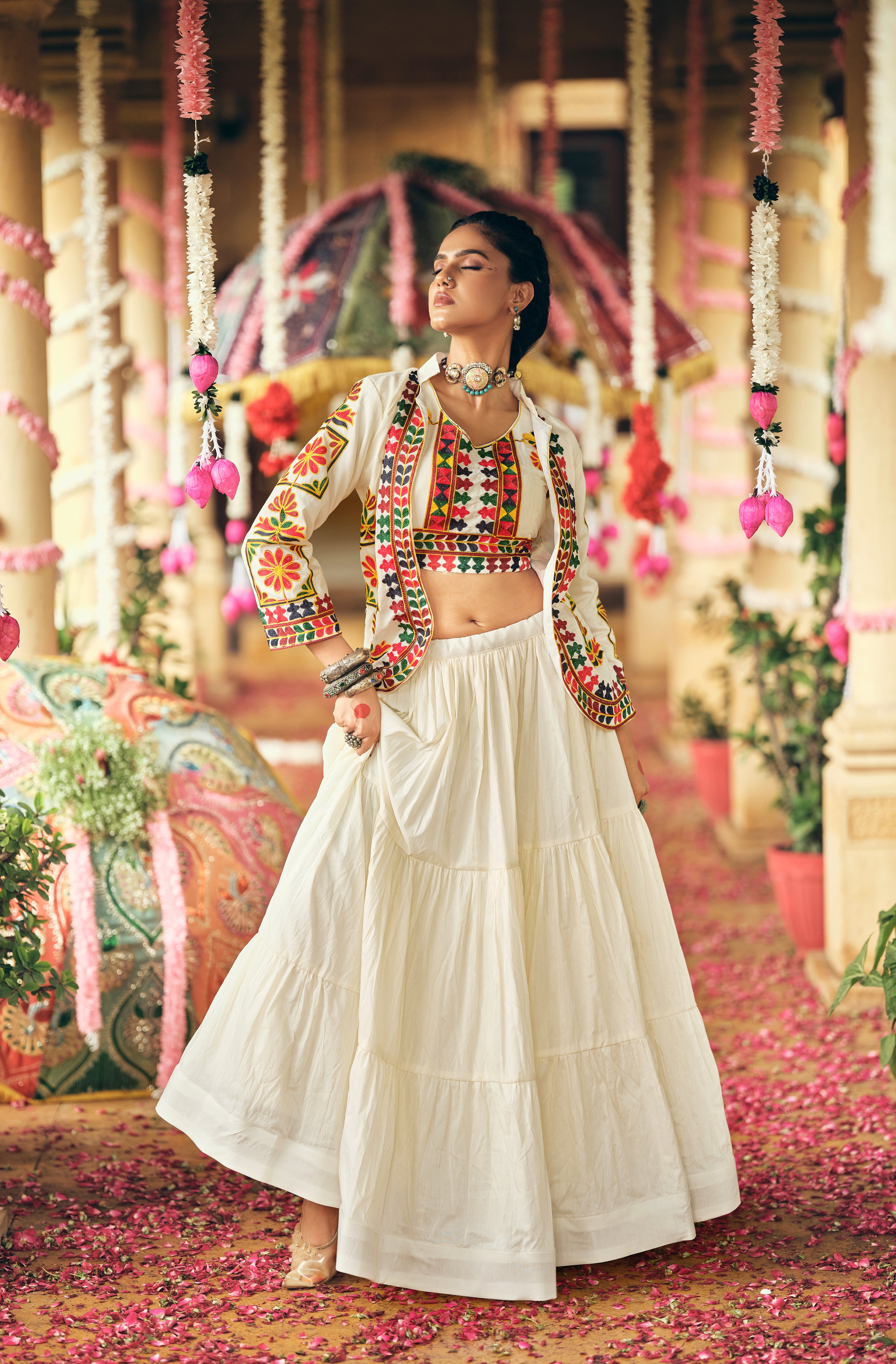 White Lehenga Set with Multicolor Embroidery