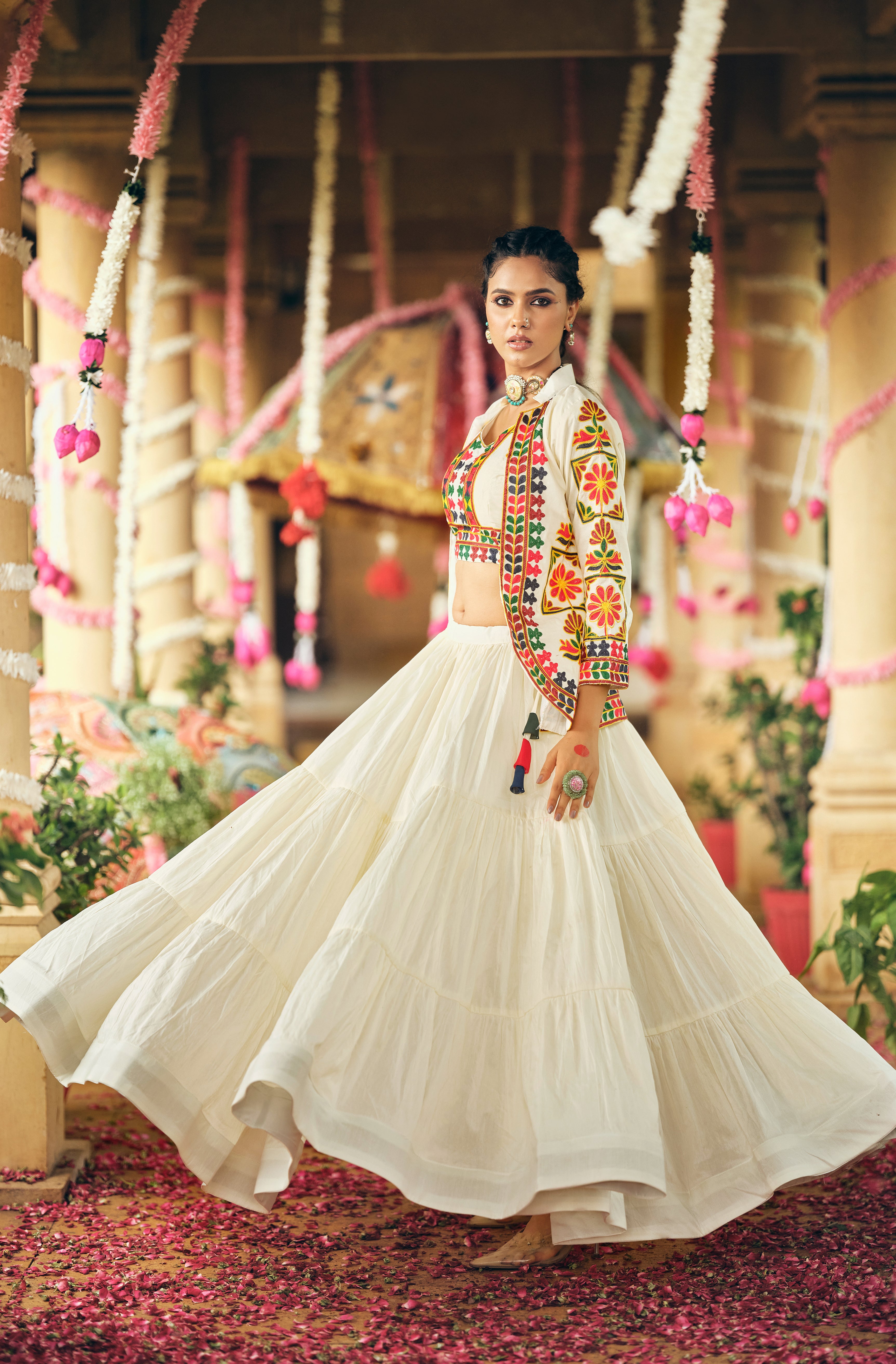White Lehenga Set with Multicolor Embroidery