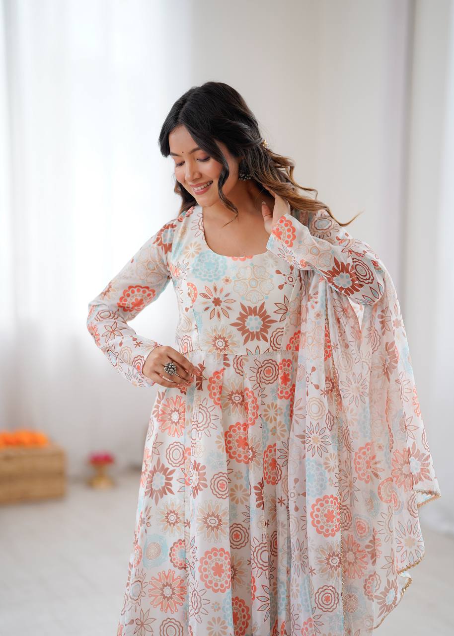 White Floral Anarkali Kurta Set for Women