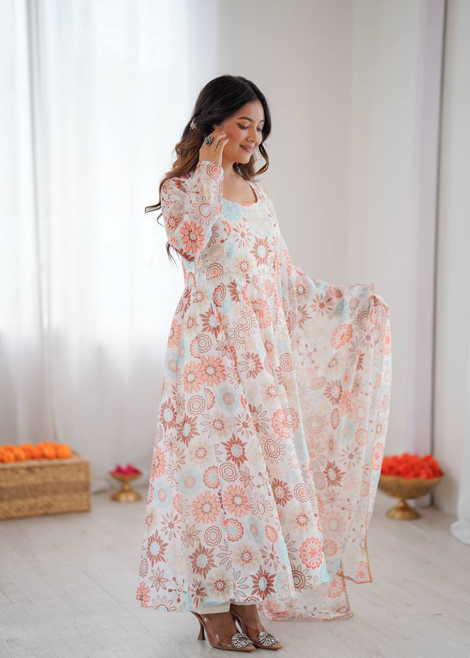 White Floral Anarkali Kurta Set for Women