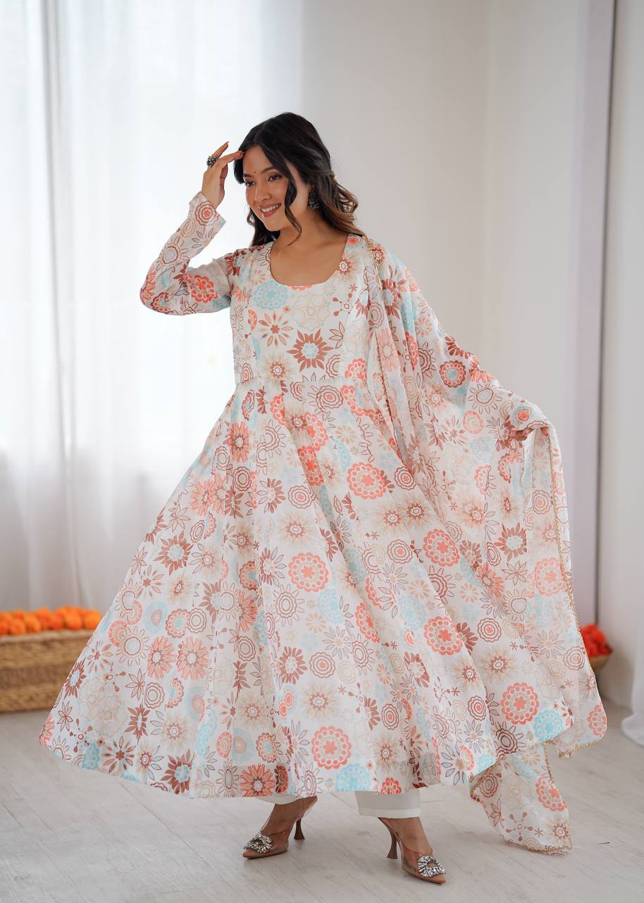 White Floral Anarkali Kurta Set for Women