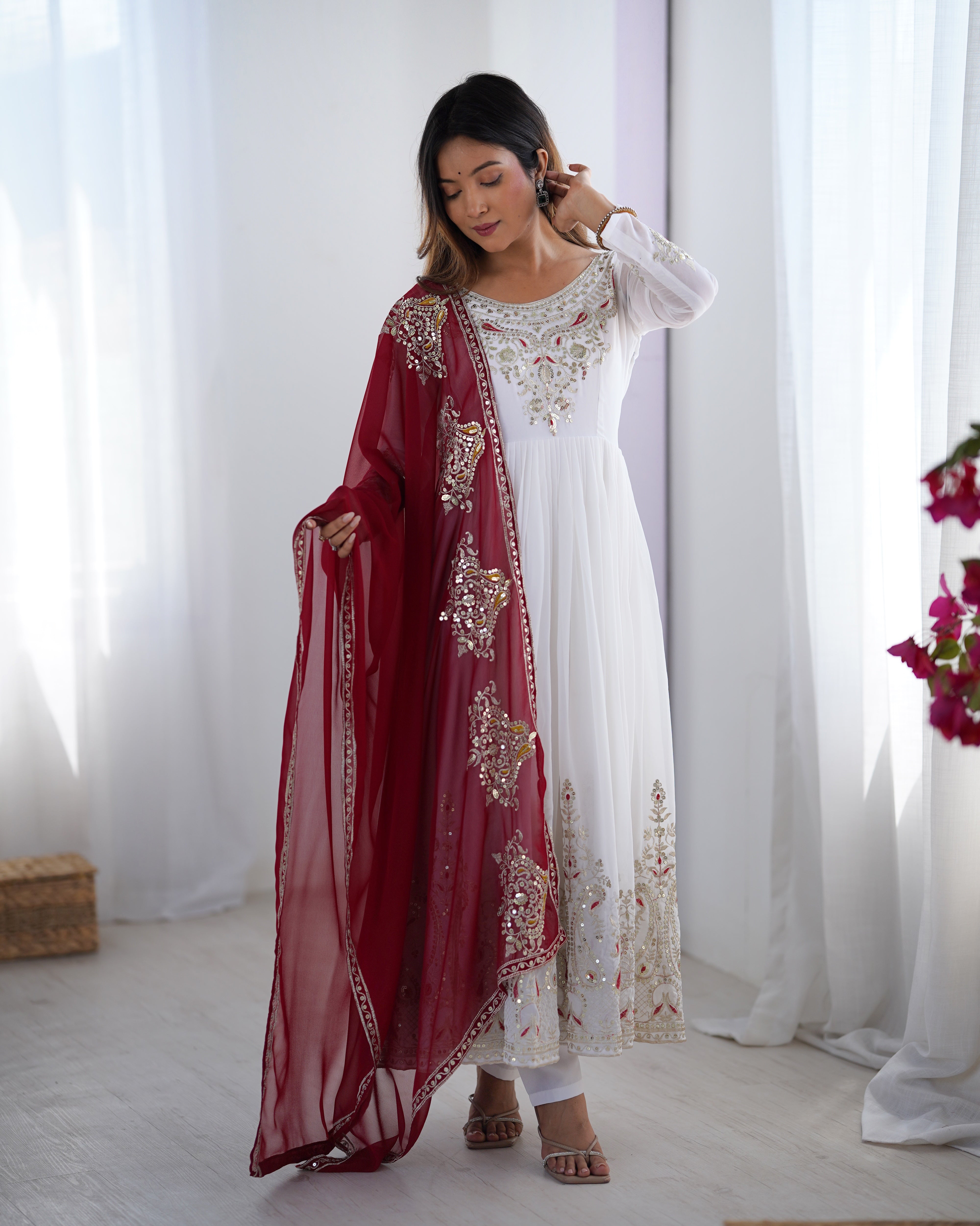 WHITE_Embroidered Anarkali Dress with Dupatta 
