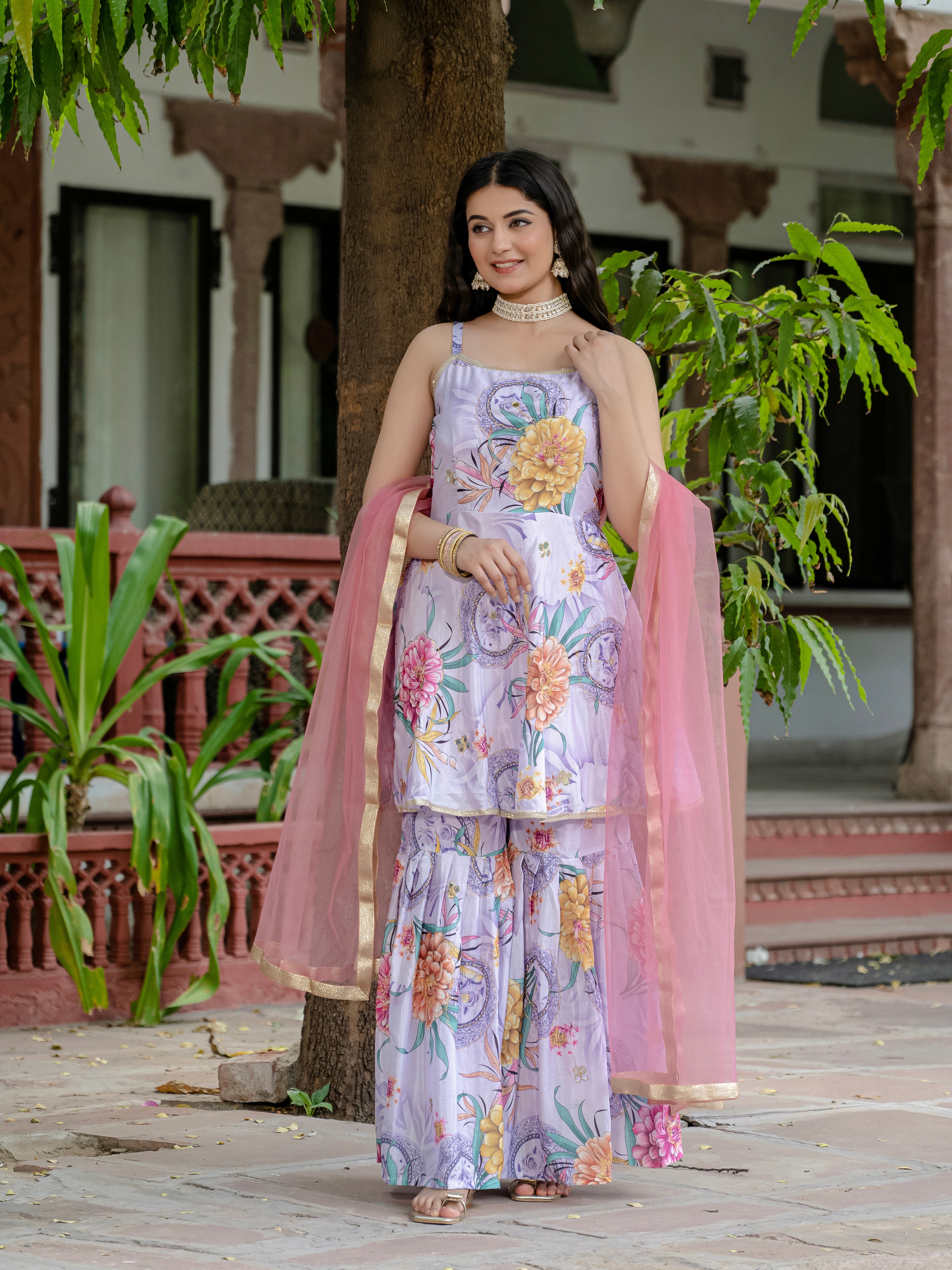 Floral Kurta Sharara Set with Dupatta for Women