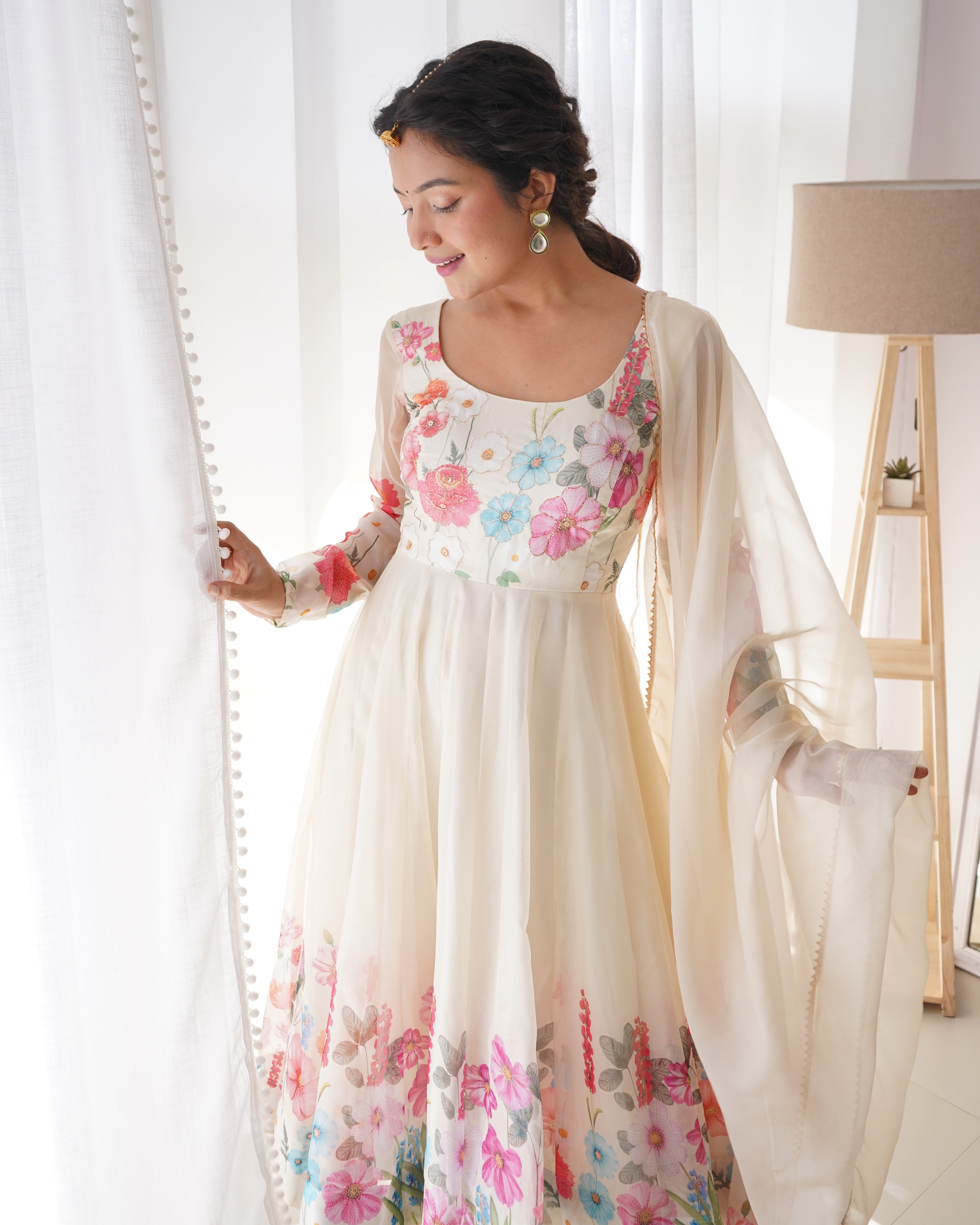 Hand-Floral Print Organza Silk Anarkali Suit Set