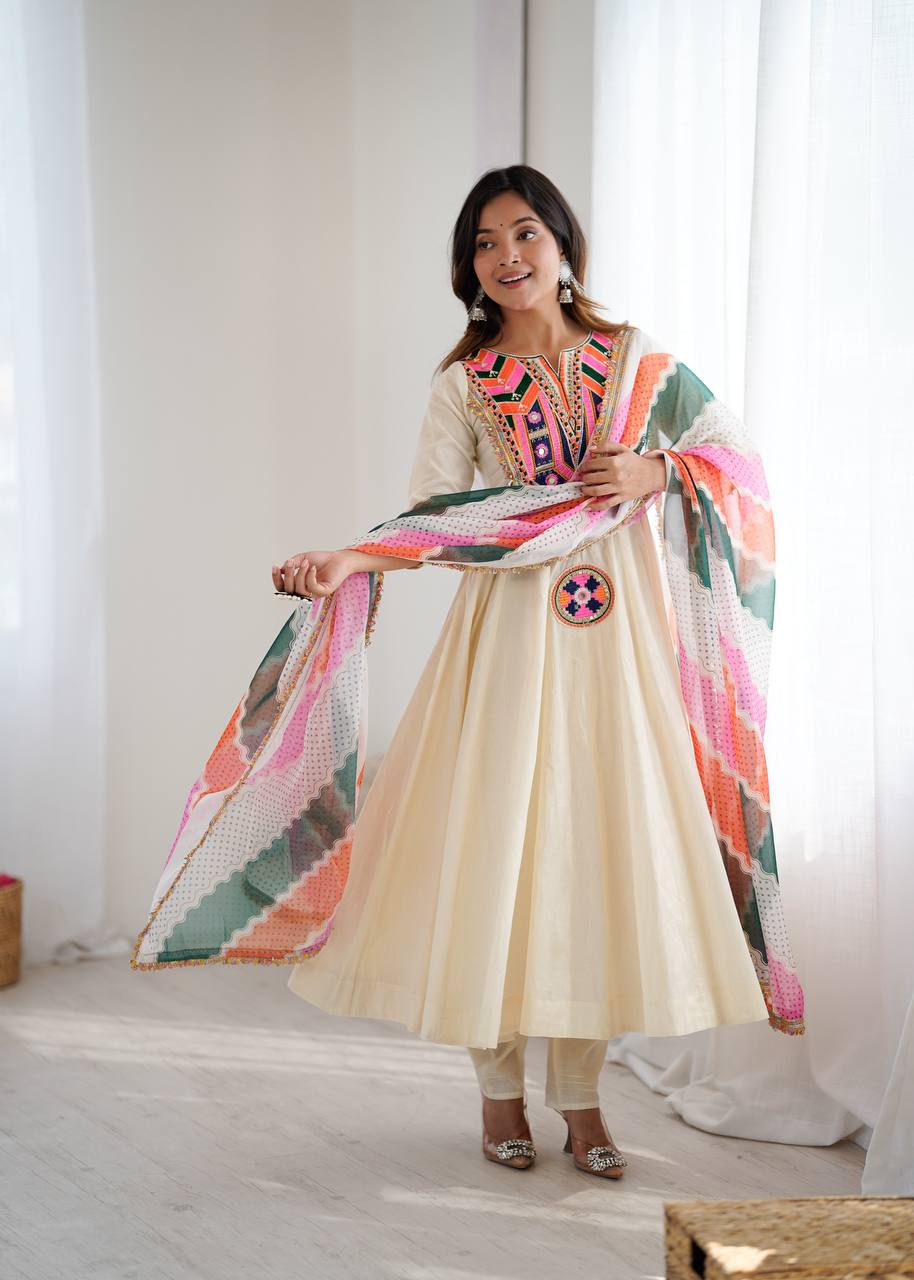 Women’s Ethnic Anarkali Suit Set with Embroidered Neckline and Colorful Dupatta