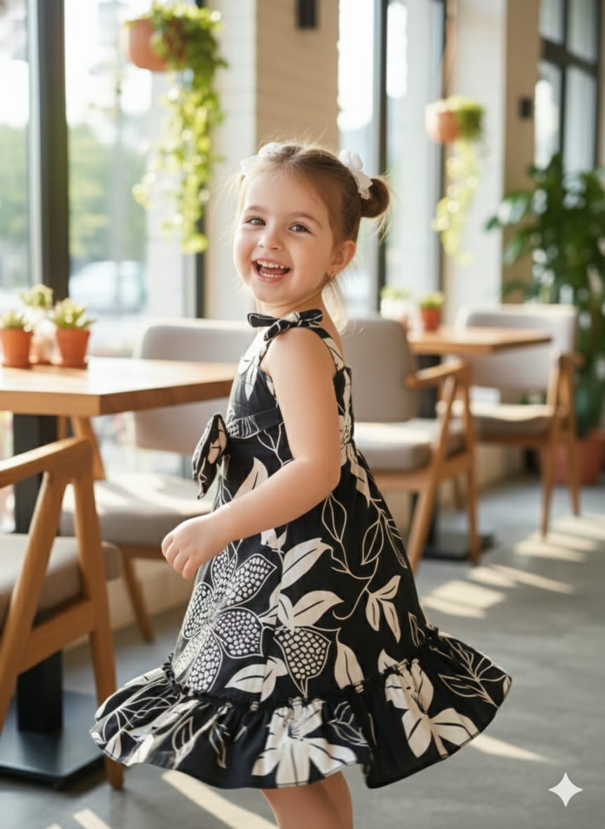 Girls Black & White Floral Printed Fit & Flare Dress