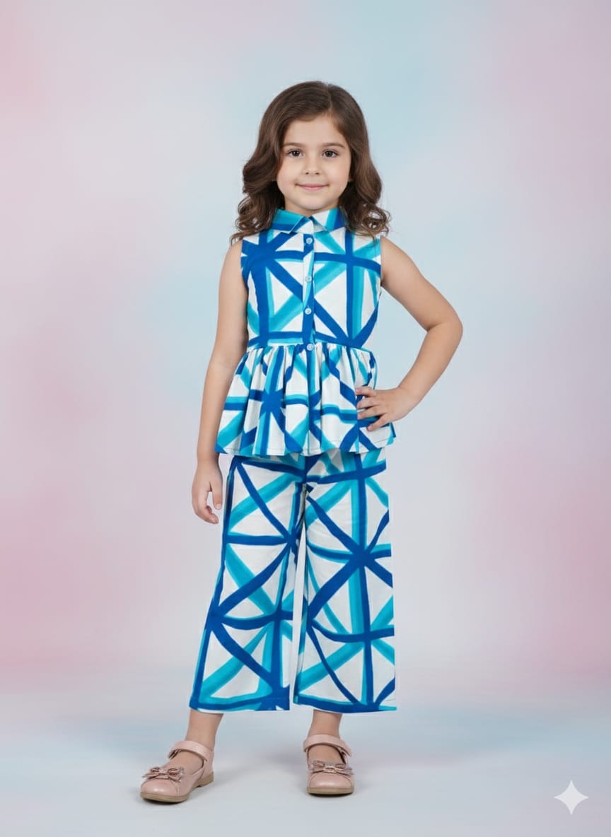 Girls Blue & White Geometric Printed Peplum Top & Wide-Leg Pants Set