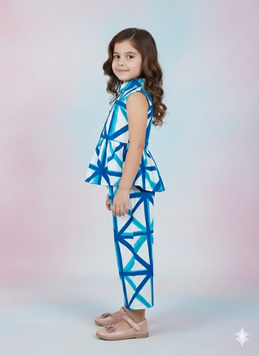 Girls Blue & White Geometric Printed Peplum Top & Wide-Leg Pants Set