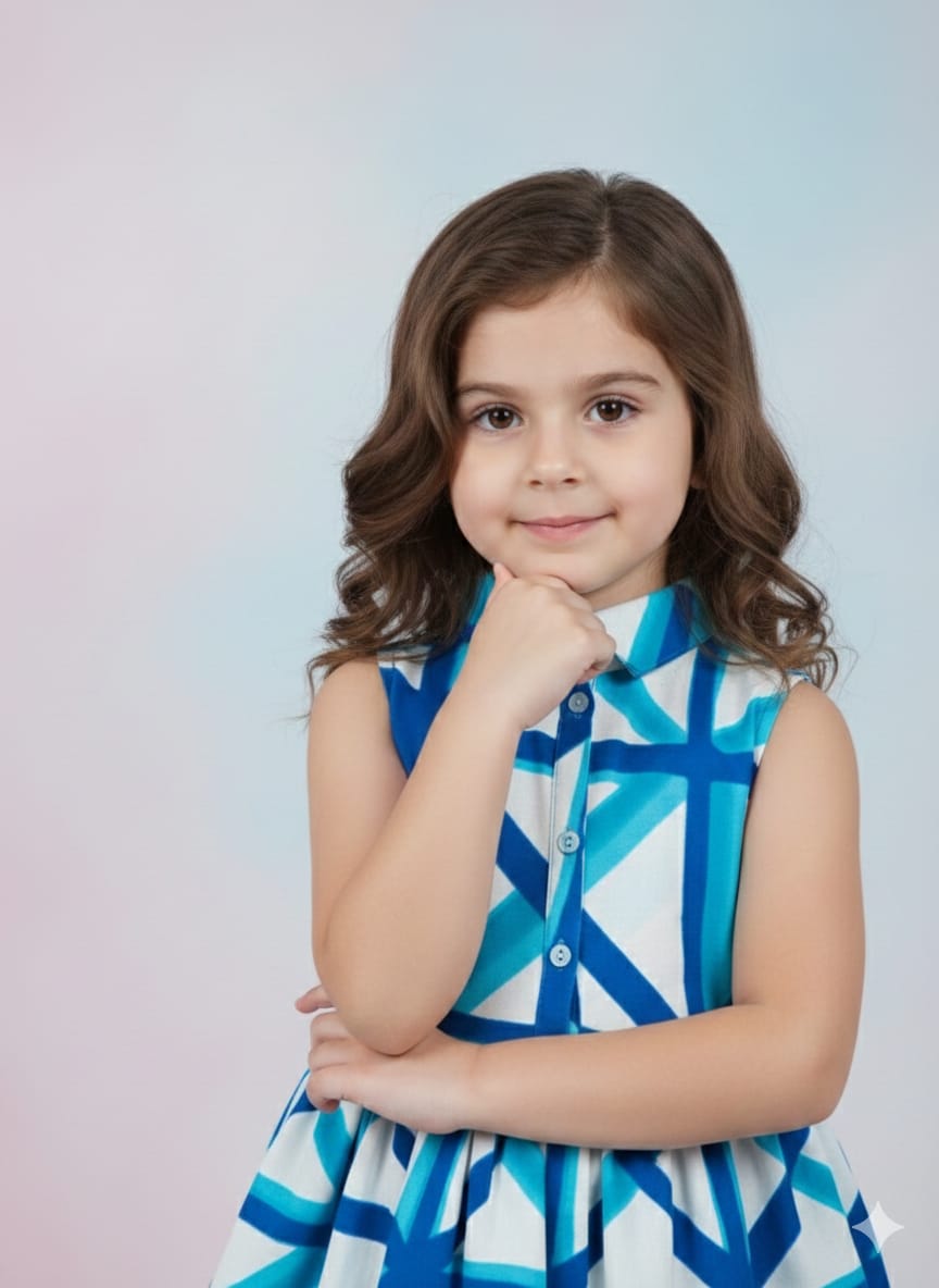 Girls Blue & White Geometric Printed Peplum Top & Wide-Leg Pants Set