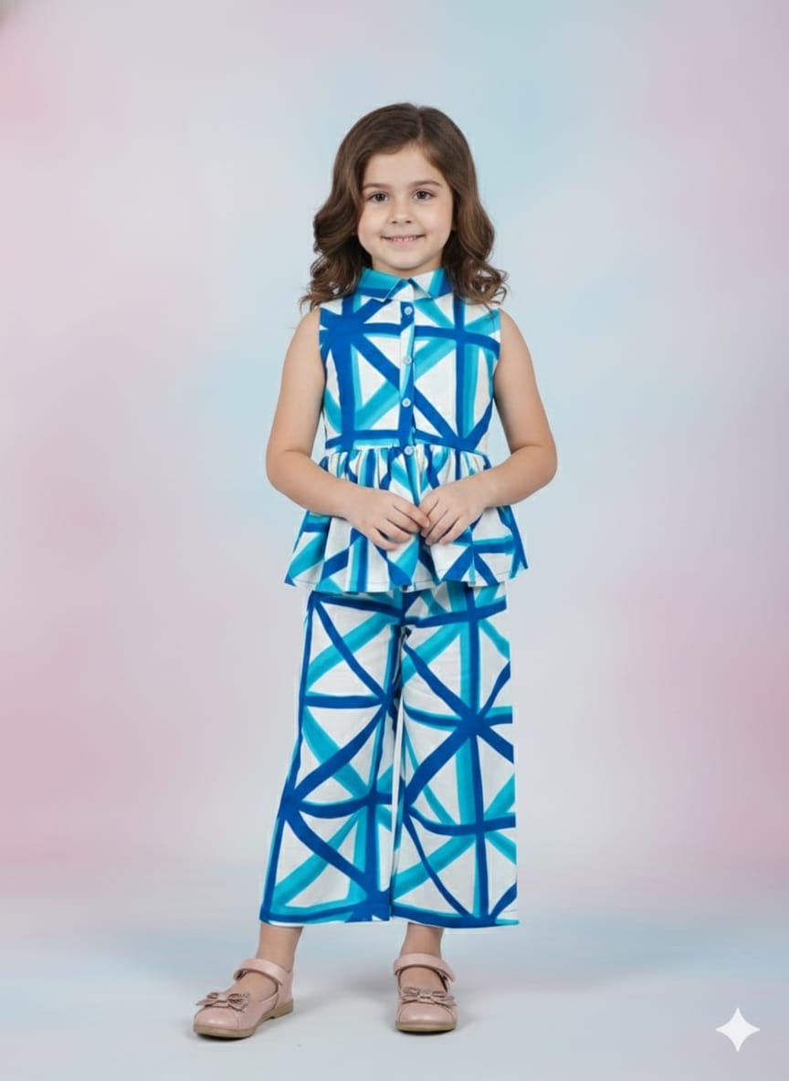 Girls Blue & White Geometric Printed Peplum Top & Wide-Leg Pants Set