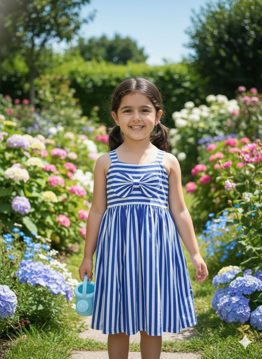 Blue Stripe Bow Party Dress for Girls