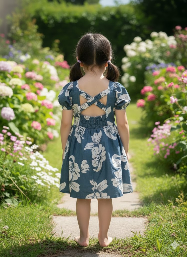 Girls Blue Floral Puff Sleeve Dress
