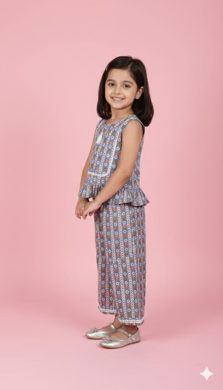 Grey Printed Sleeveless Co-Ord Set for Kids