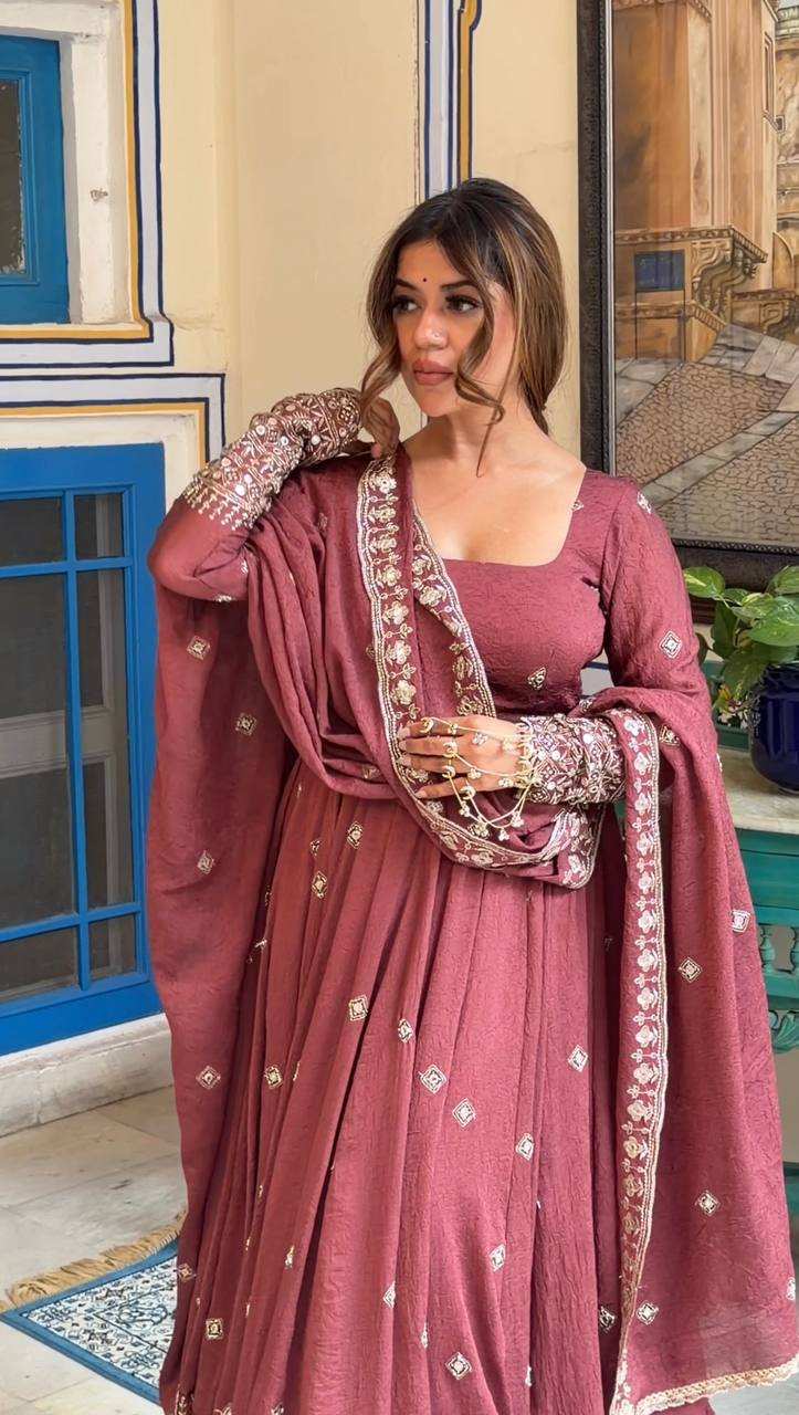 Dusty Rose Embroidered Anarkali Suit with Dupatta