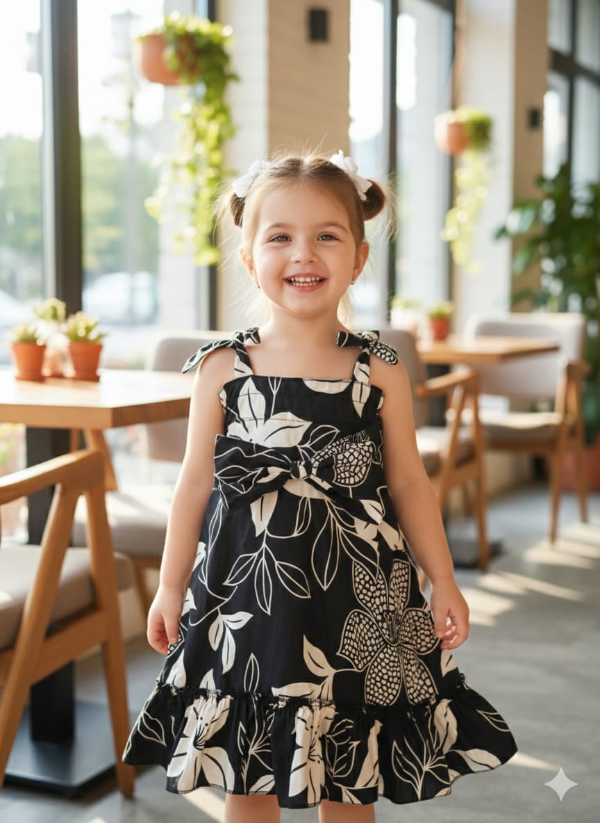 Girls Black & White Floral Printed Fit & Flare Dress