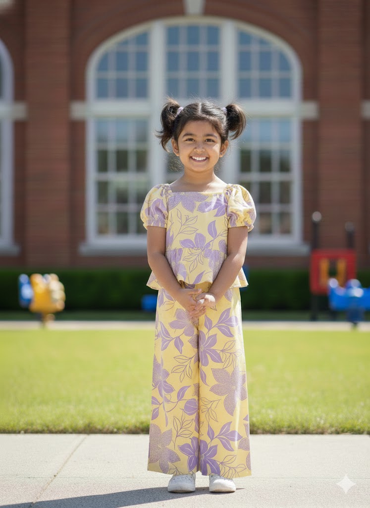 Girls Soft Yellow & Purple Floral Printed Puff Sleeve Top with Wide-Leg Trousers Set
