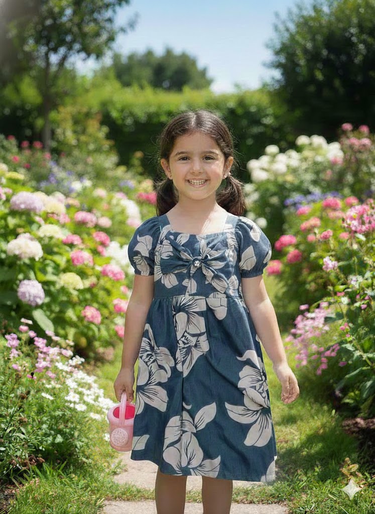 Girls Blue Floral Puff Sleeve Dress