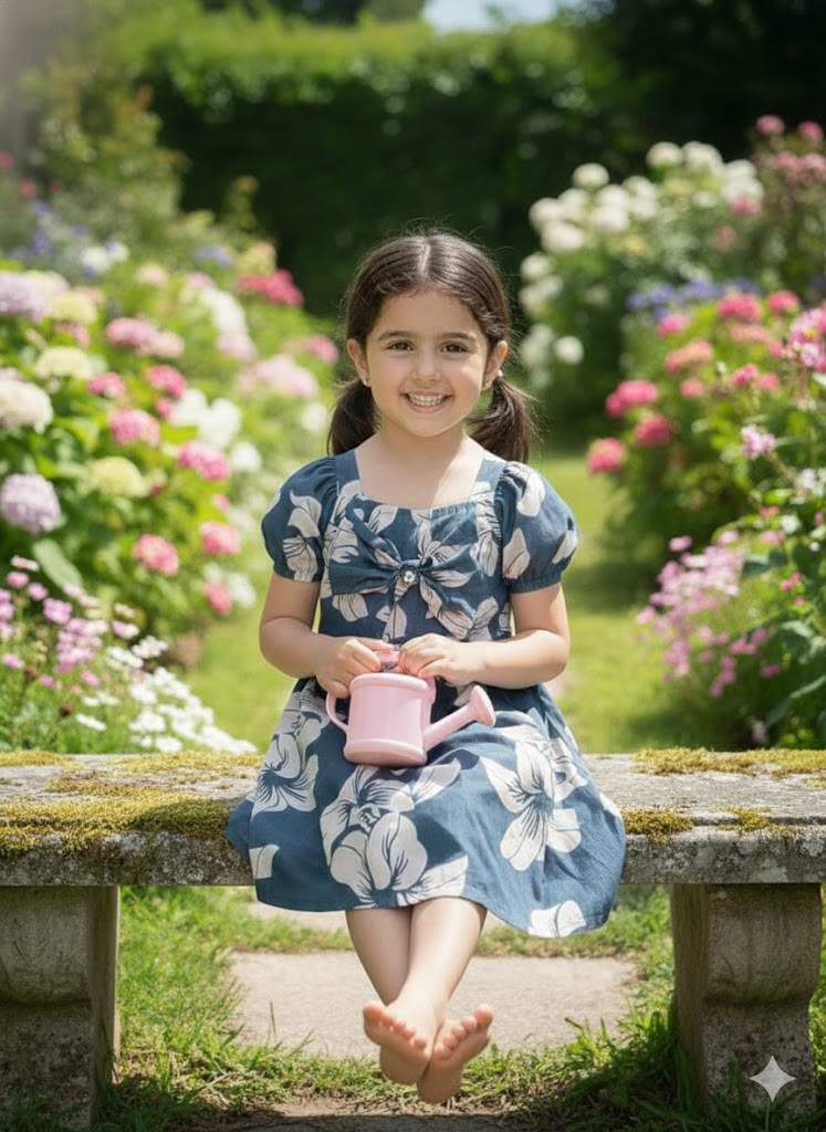 Girls Blue Floral Puff Sleeve Dress