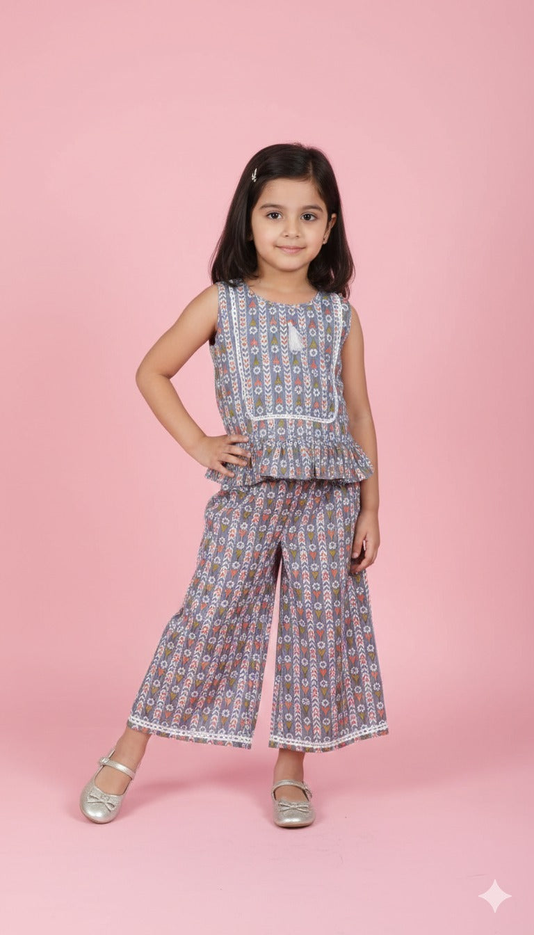 Grey Printed Sleeveless Co-Ord Set for Kids