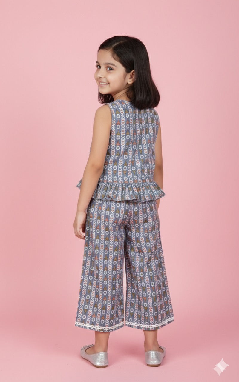 Grey Printed Sleeveless Co-Ord Set for Kids