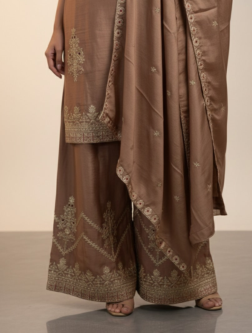 Elegant Brown Embroidered Kurta Palazzo Set with Dupatta for Women