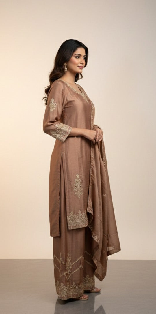 Elegant Brown Embroidered Kurta Palazzo Set with Dupatta for Women