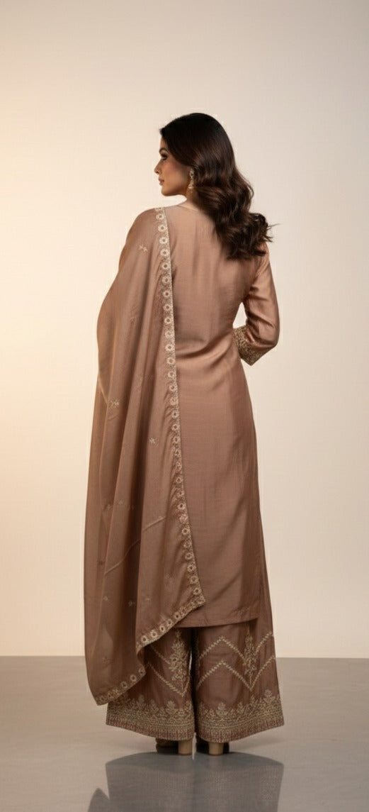 Elegant Brown Embroidered Kurta Palazzo Set with Dupatta for Women
