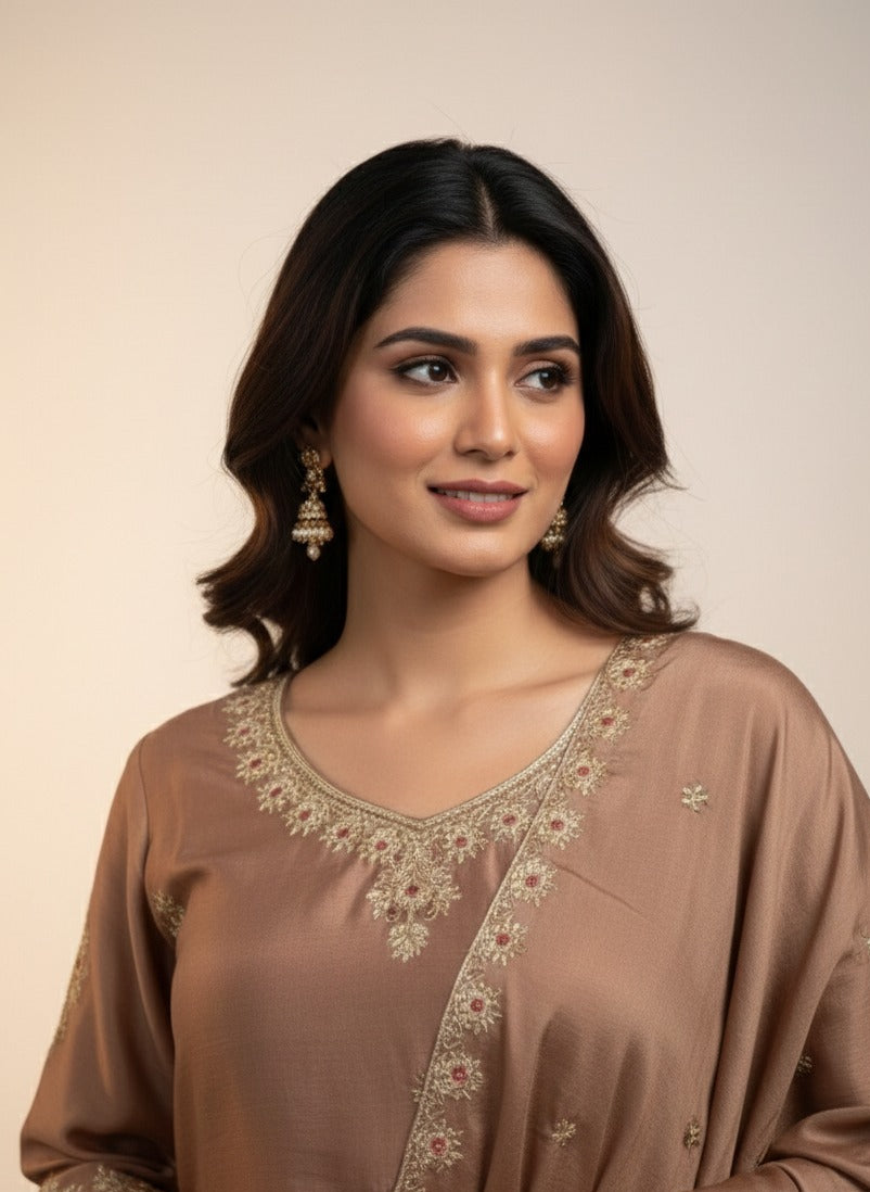 Elegant Brown Embroidered Kurta Palazzo Set with Dupatta for Women
