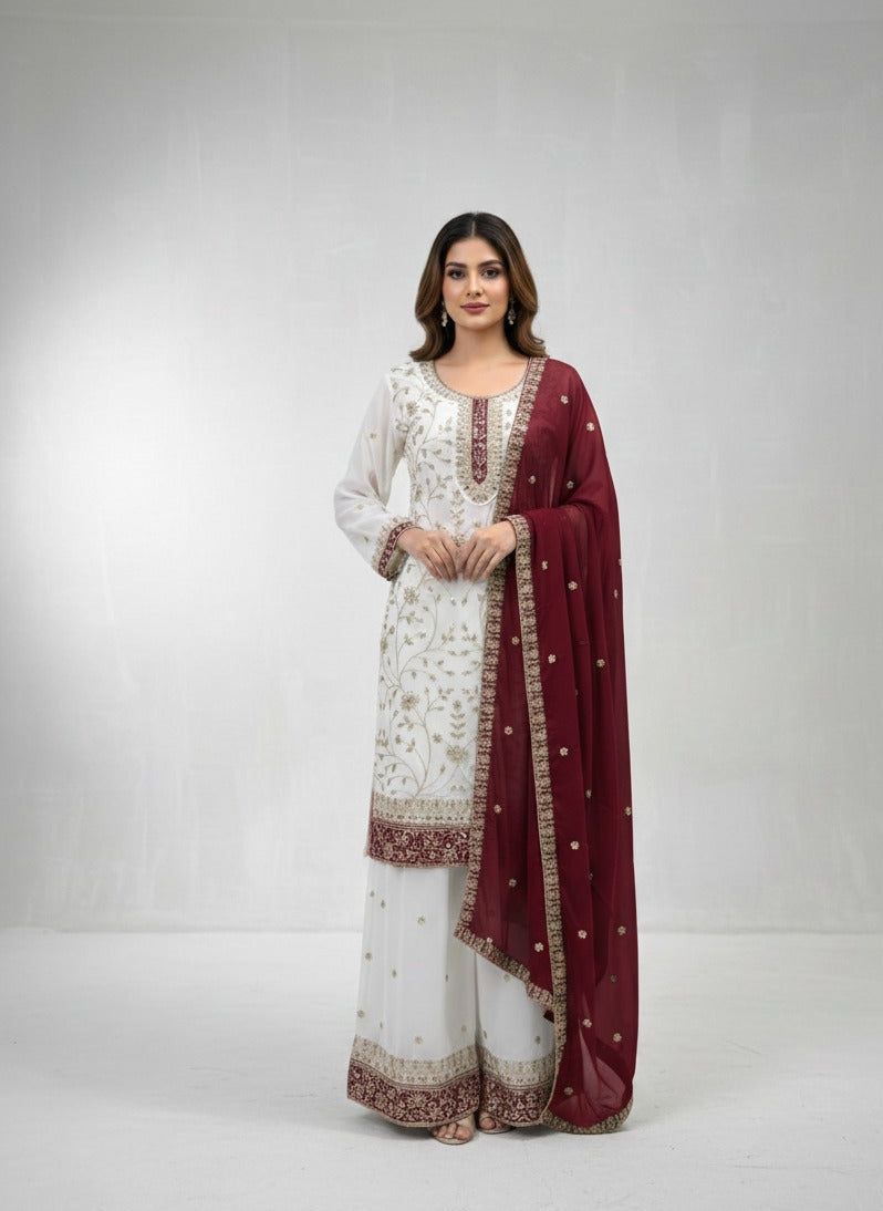 Elegant Embroidered Kurta Palazzo Set with Dupatta for Women