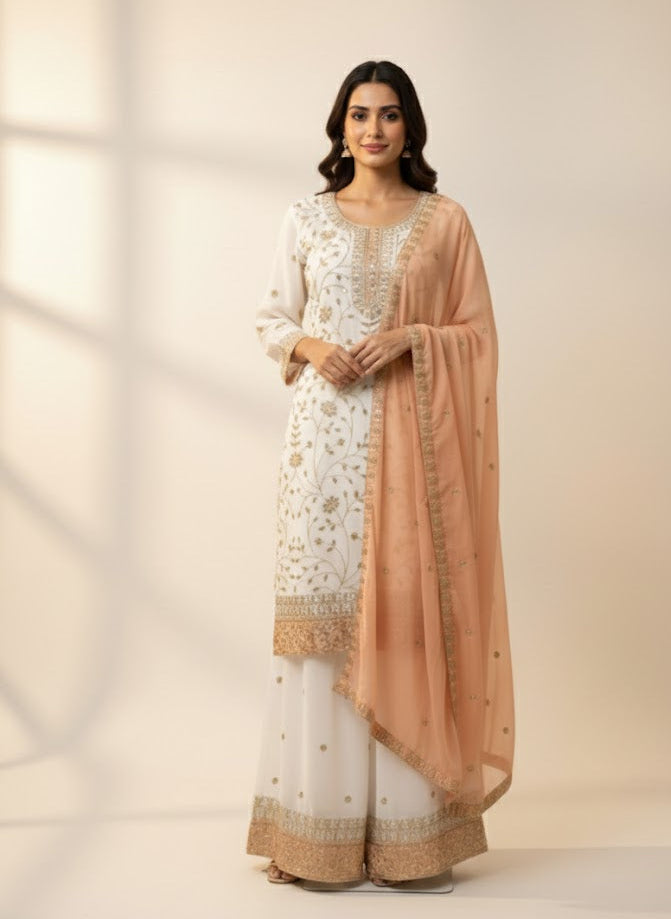 Elegant Embroidered Kurta Palazzo Set with Dupatta for Women
