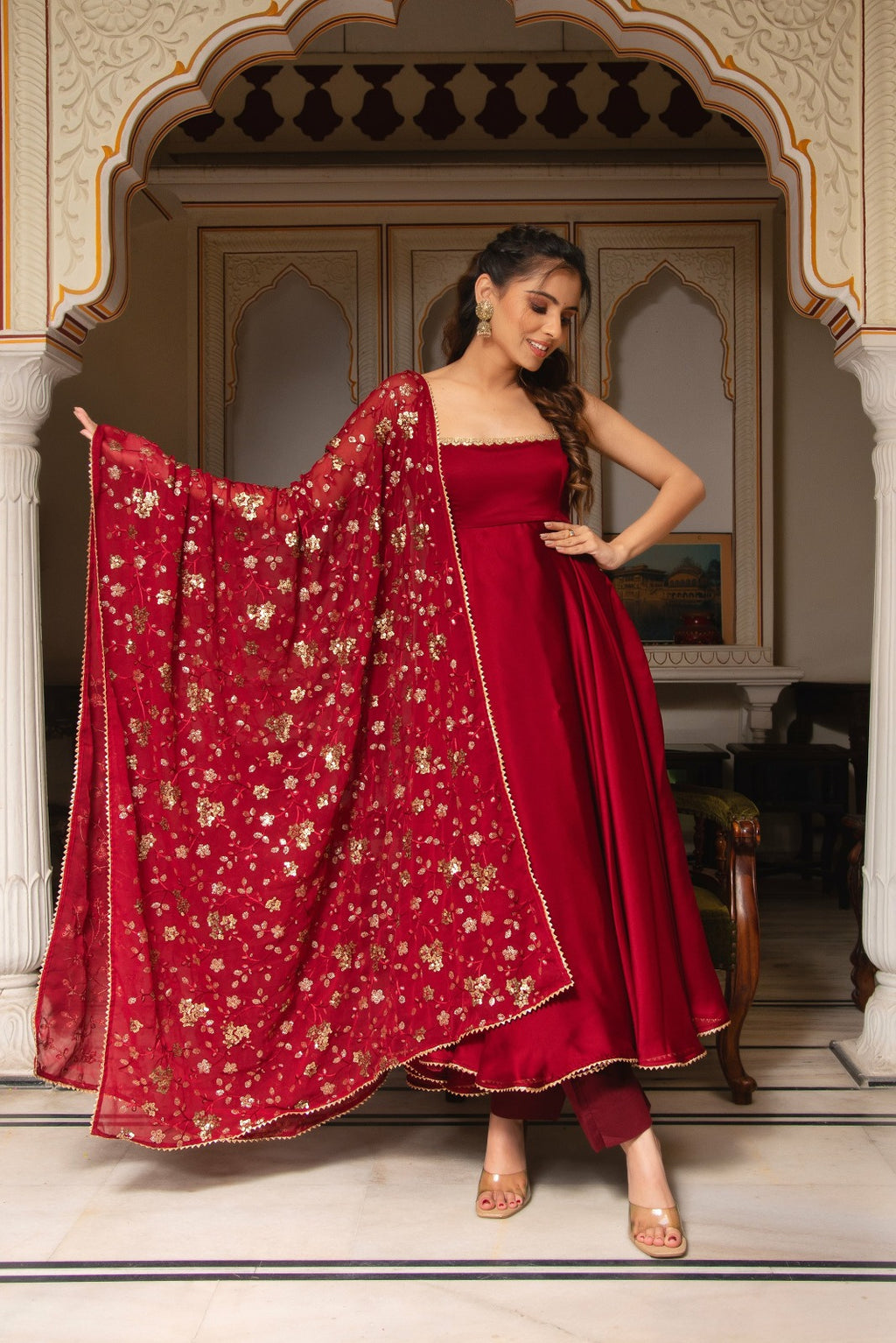 Classic Maroon Anarkali Outfit with Dupatta