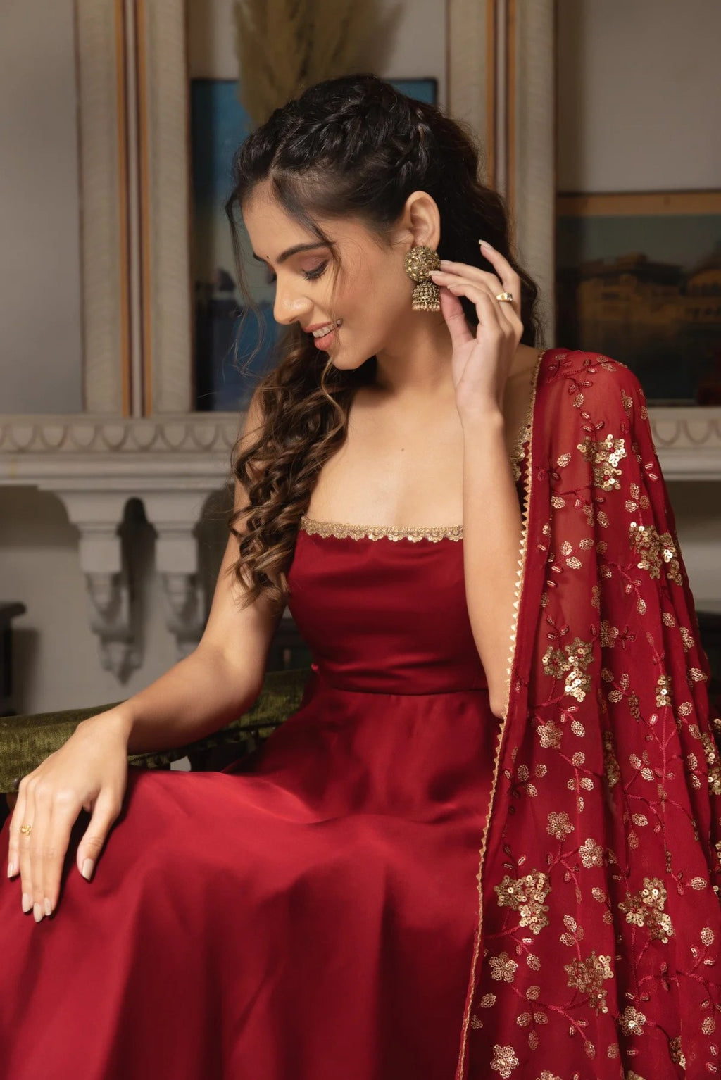 Classic Maroon Anarkali Outfit with Dupatta