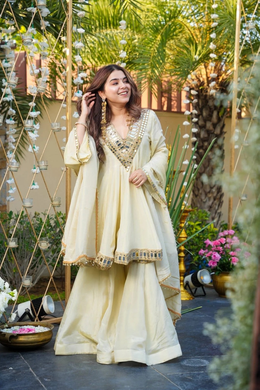 Elegant Cream Embroidered Kurta Sharara Set with Dupatta for Women